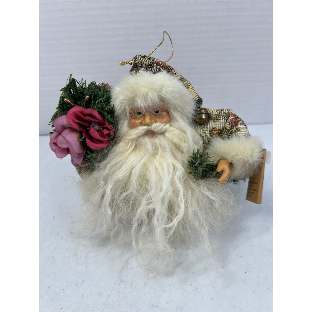 TJ Collection Santa Claus Ornament Handcrafted Tapestry Faux Fur Pink Roses